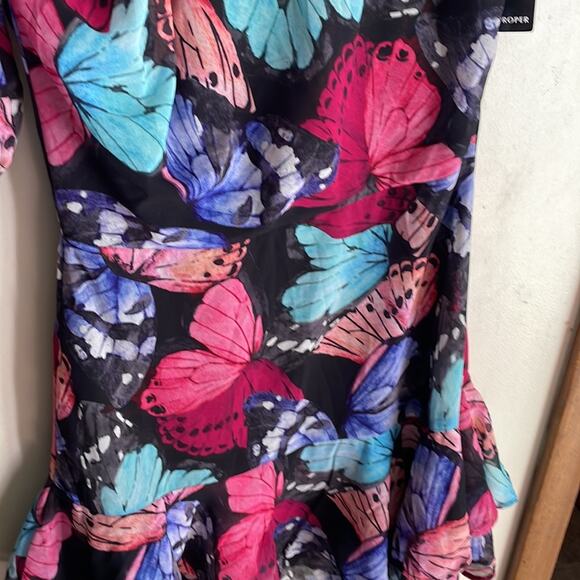 Boston Proper One Shoulder Butterfly Print Dress Black Multi - Picture 7 of 15